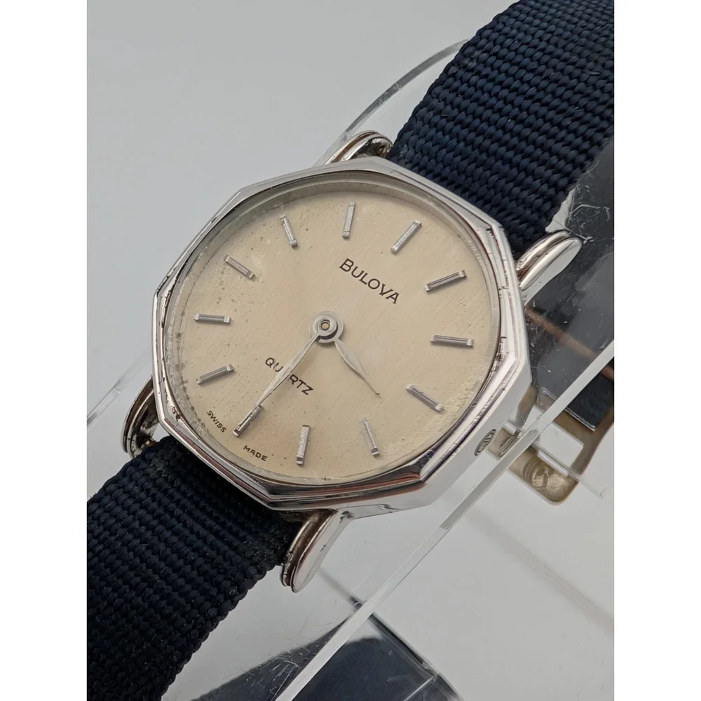 Rare Vintage Bulova Quartz Watch Women Silver 23mm Case Canvas Band- New Battery